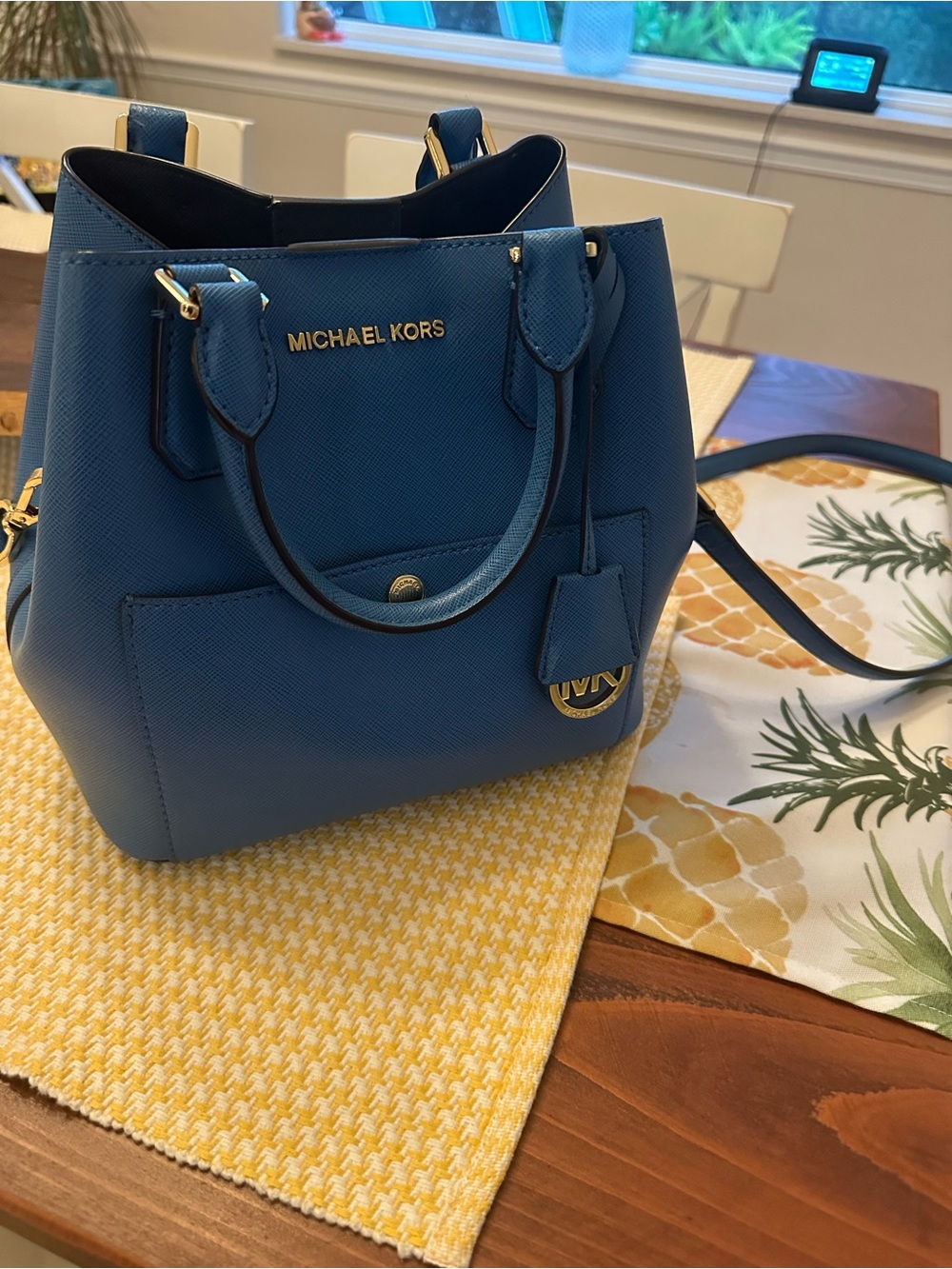 Michael Kors Blue Saffiano Leather Satchel with Gold Hardware